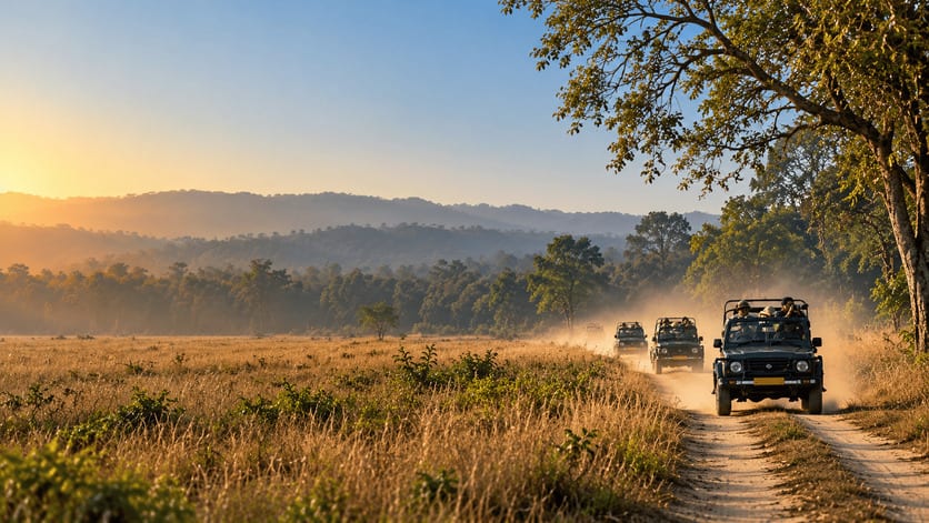 Safari jeeps travelling along a grassland track in the morning light