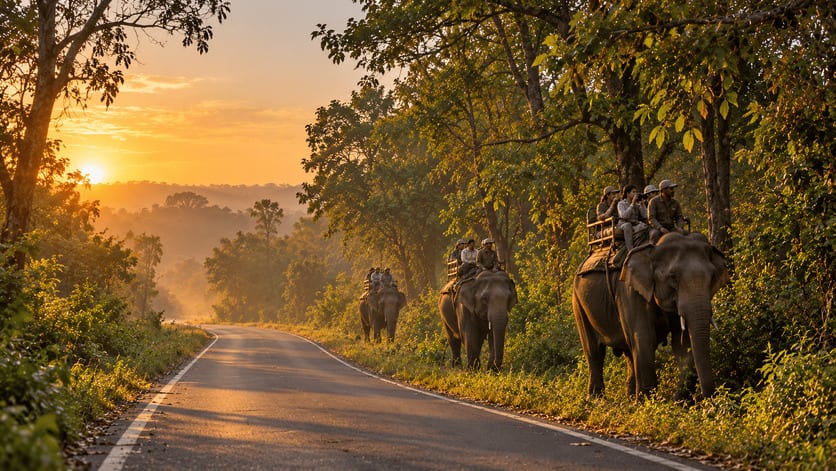 Elephants and their riders beside a forest road in warm sunrise light