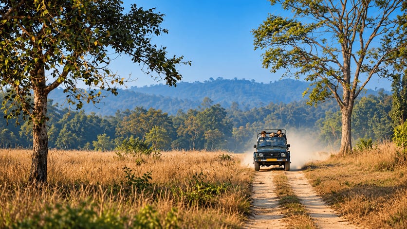 A safari jeep on a track through golden grasslands