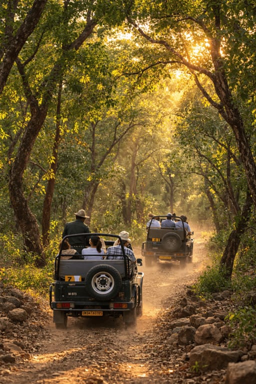 Safari jeeps following a sunlit forest trail